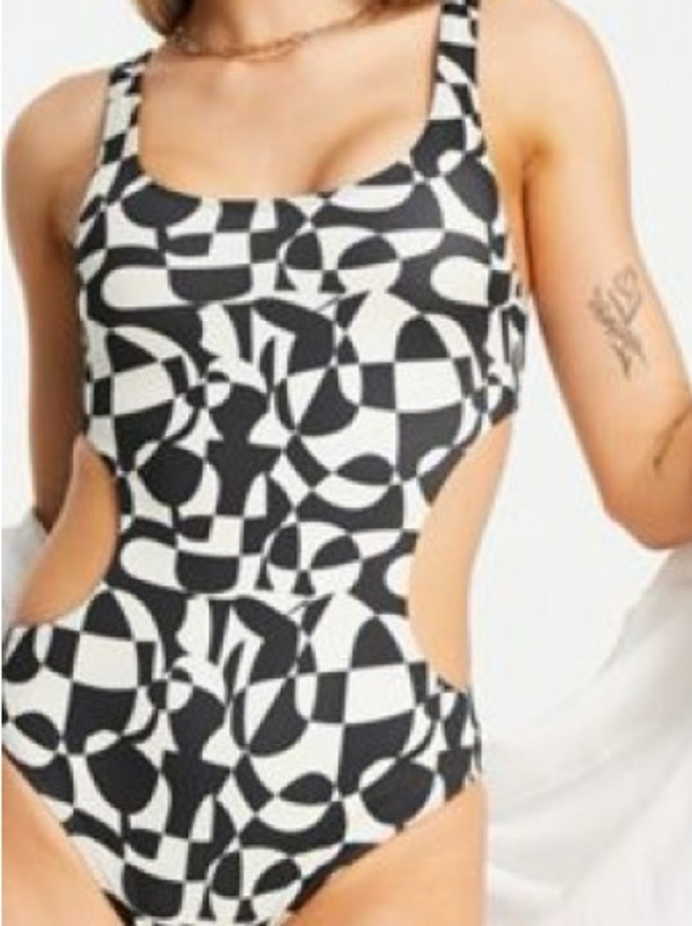Monki Side Cut Out Swimsuit in Black & White Graphic Print NWT